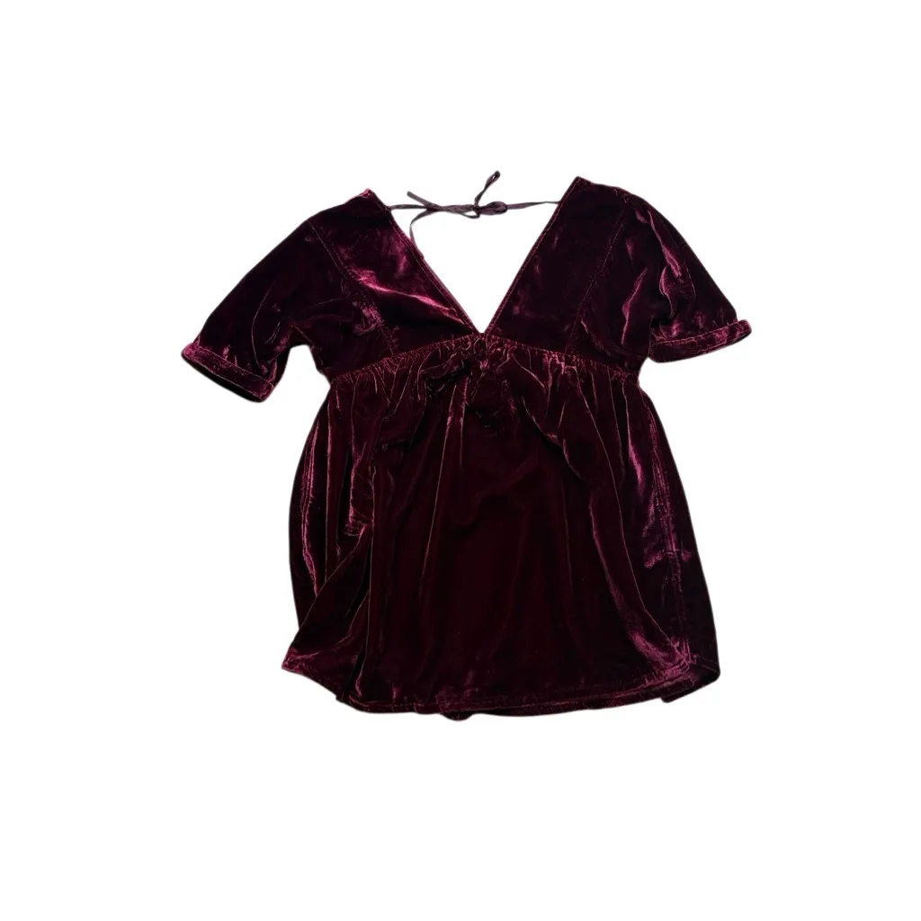 Free People Red Velvet Ivy Mini Baby Doll Vneck Dress XS - Image 6
