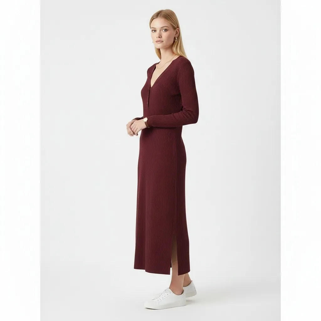NWT Madewell Womens Cotton Knit Midi Dress Size XXS Burgundy Minimalist Capsule - Image 2