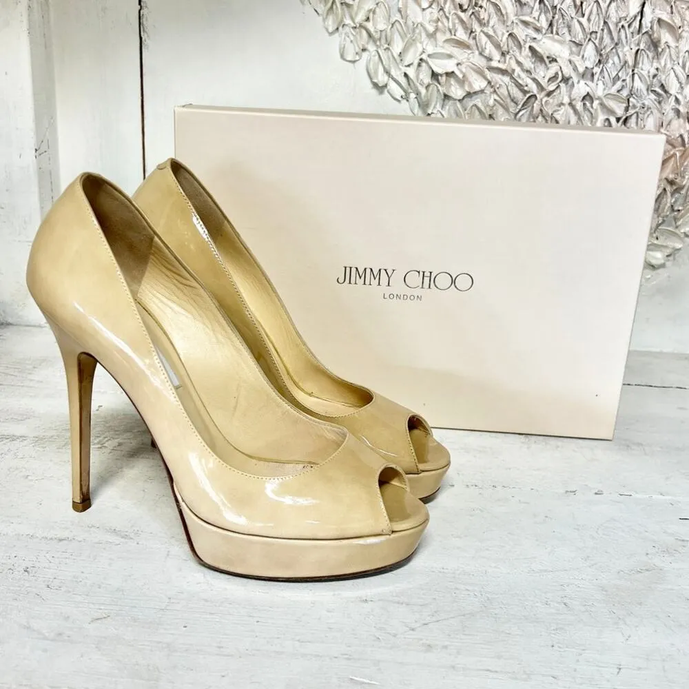 Jimmy Choo Crown Patent Leather Peep Toe Platform Pump Nude Womens Size 38.5 / 8 - Image 2