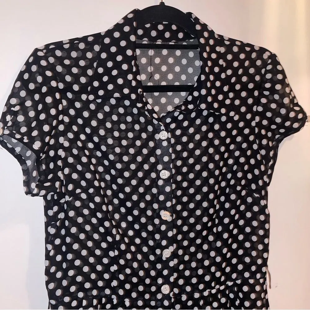 Sheer Black & White Polkadot Short Sleeve Button Front A Line Dress Medium - Image 2