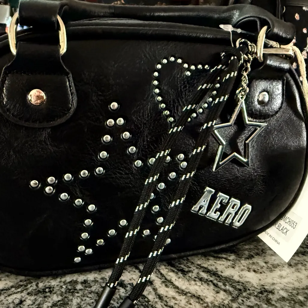 Aeropostale Black Studded Bowler Satchel Crossbody SMCH053 Star Heart NWT - Image 2
