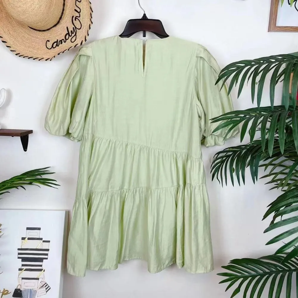 Moon River  Bubble Sleeve Tiered Mini Dress in Sage Green St Patrick’s Day - Image 2