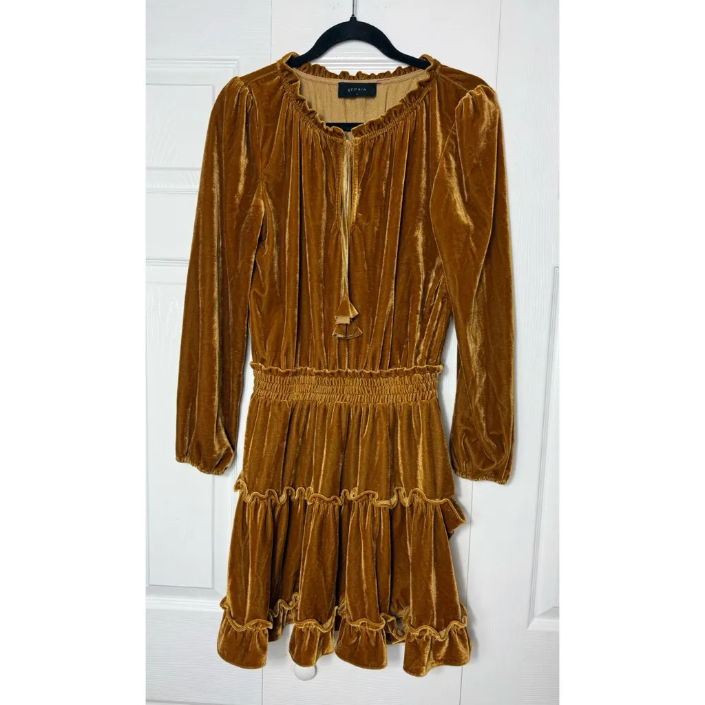 Storia Golden Yellow Velvet Ruffle Boho Tassel Long Sleeve Mini Dress M - Image 3