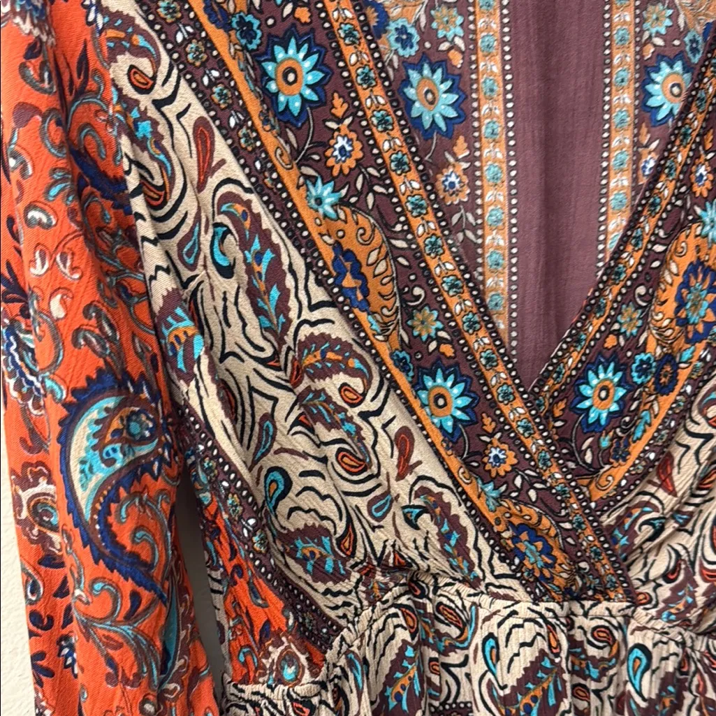 Free People Wrap Peplum Blouse in Brown and Orange Long Flared Sleeves - Image 5