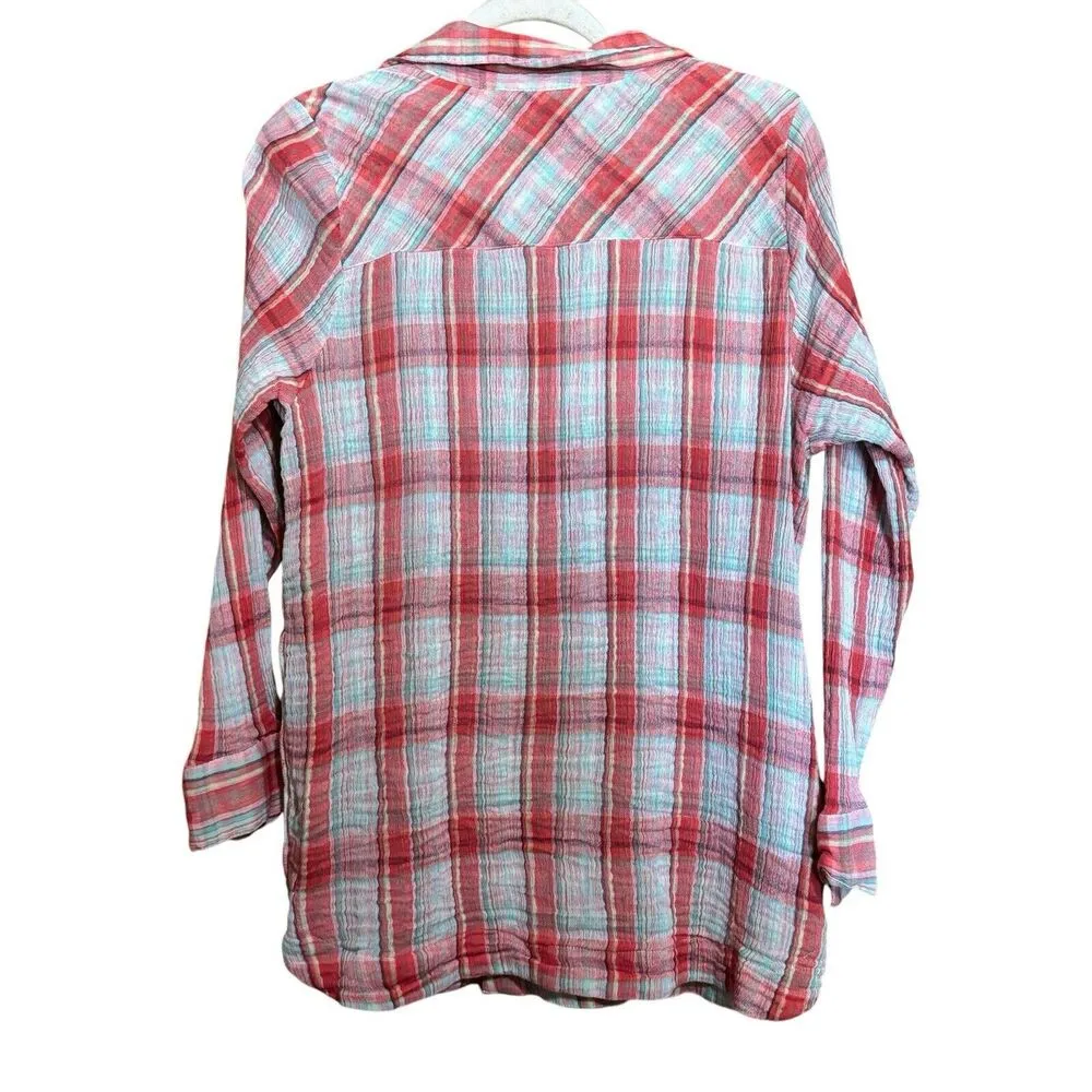 Soft Surroundings Top Womens Medium Multicolor Plaid Gauze Crinkle Blouse - Image 6