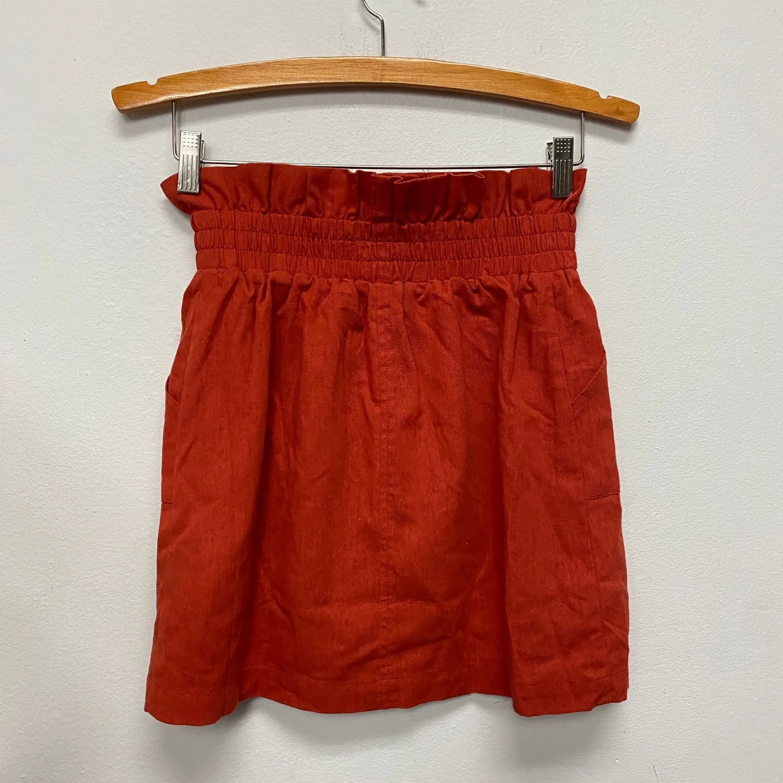 Favlux Women Small Rusty Orange Paperbag Buttoned Front Skirt High Waist Pockets - Image 4