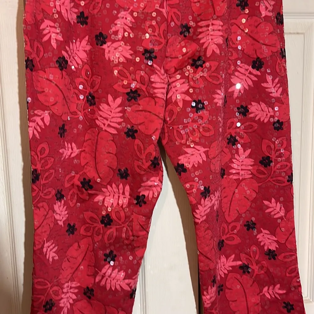 DStudio Bright Red Floral Slacks Pants With Sparkly Sequins Flat Front Size 14 - Image 9