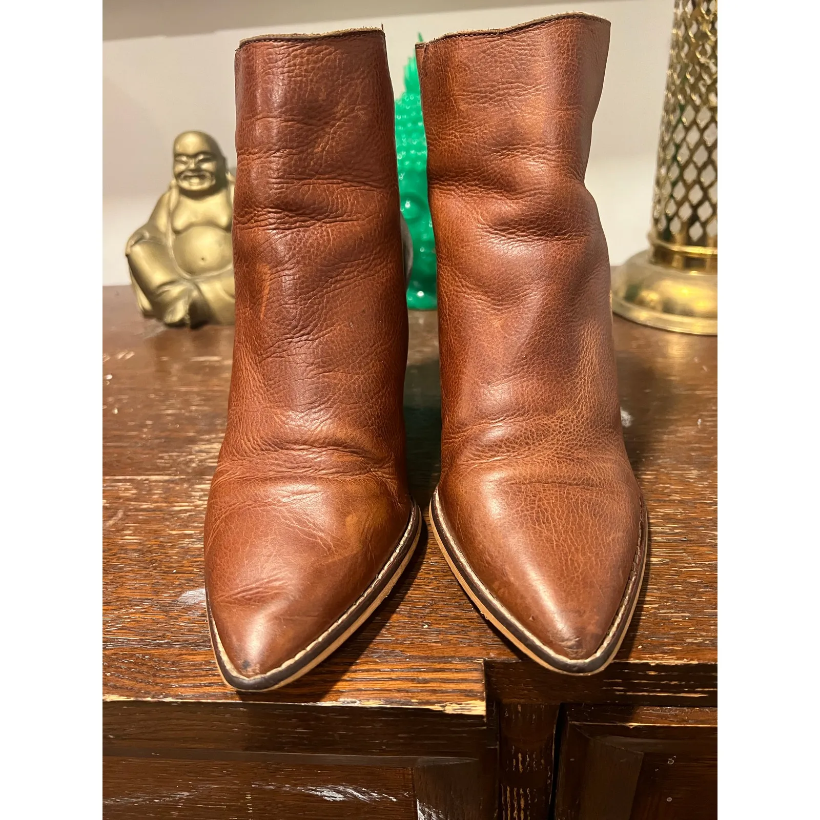 Lucky Brand Boho Western Pointed Toe Leather Booties Cognac Tan 7 - Image 3