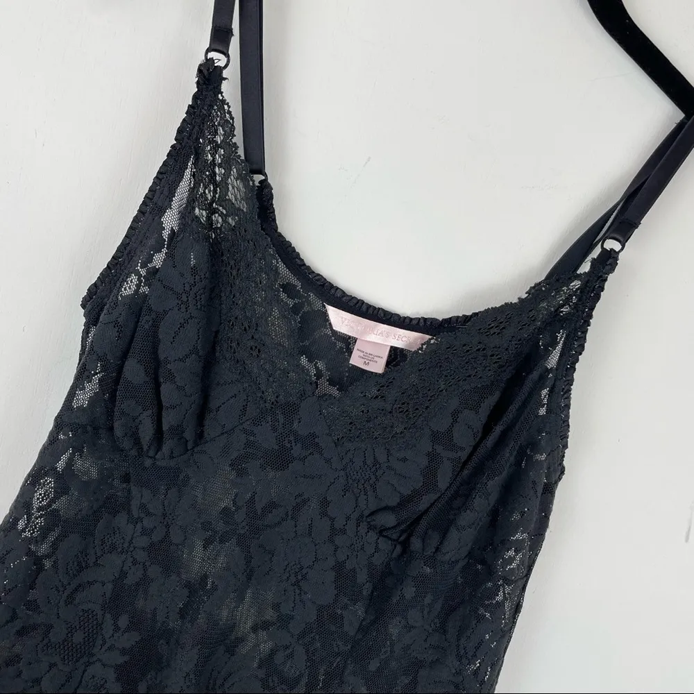 Victoria’s Secret Black Floral Lace Slip Dress Medium Ruffle Hem Sexy Lingerie - Image 4