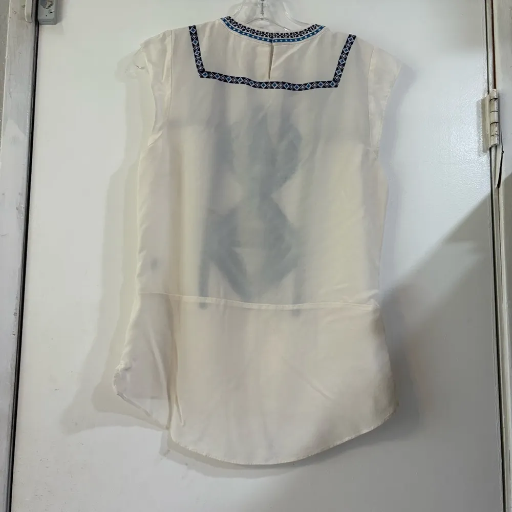 Veronica Beard Baja Flutter Cap Sleeve Top Silk Embroidered Boho Cream Blue 2 - Image 5