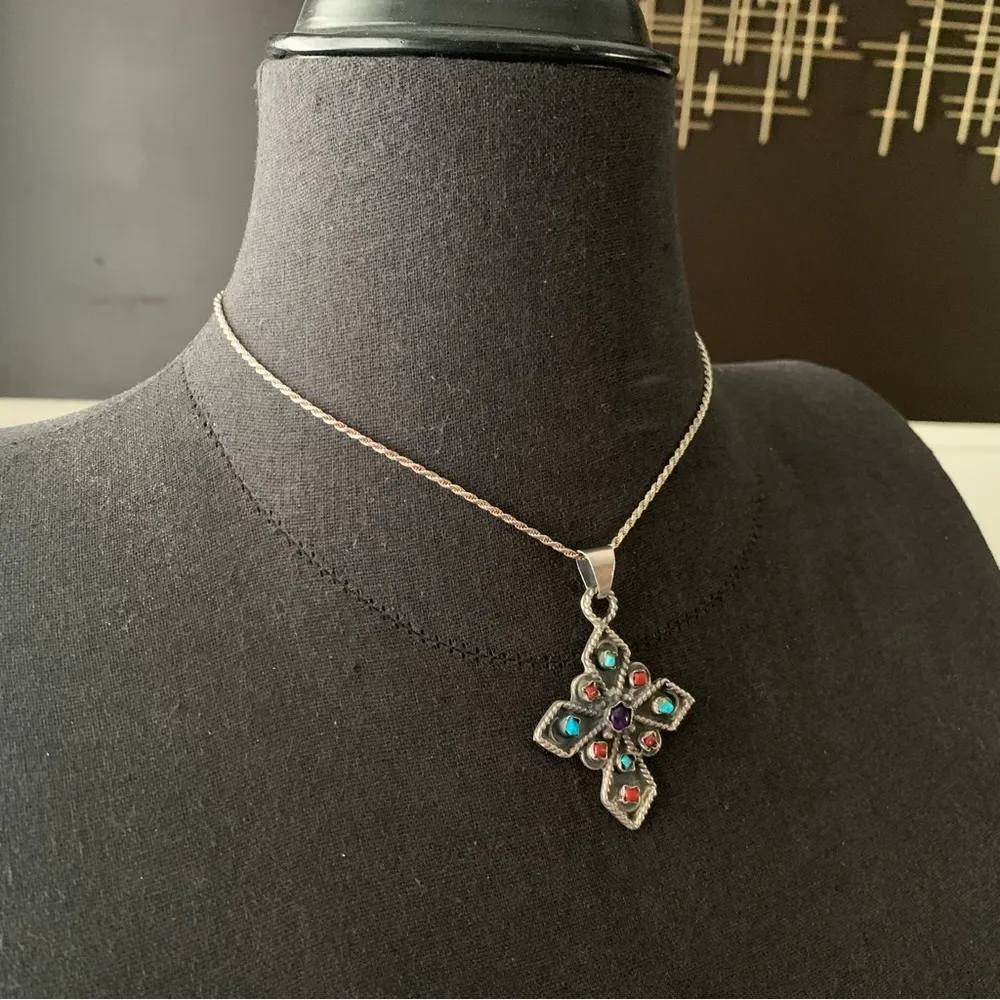 Taxco Mexico Sterling Silver Cross Pendant Necklace Turquoise Coral Amethyst 16” - Image 8