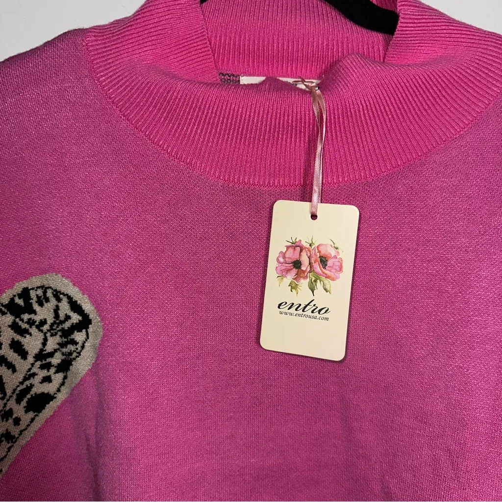 ENTRO Hot Pink Sweater with Animal Print Cowboy Hat Design NWT Cozy Western Wear - Image 3