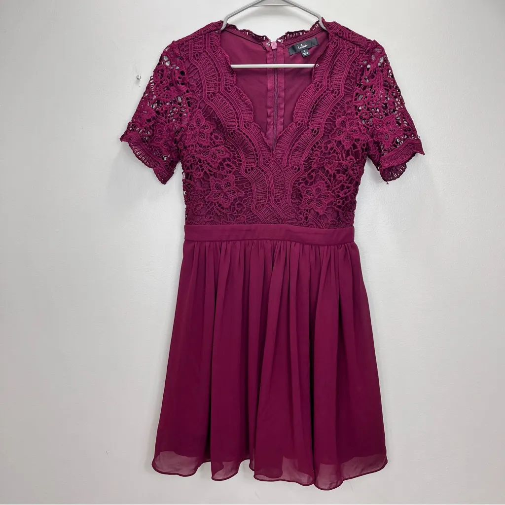 Lulus Angel in‎ Disguise Burgundy Lace Chiffon Flare Skater Dress SMALL - Image 5