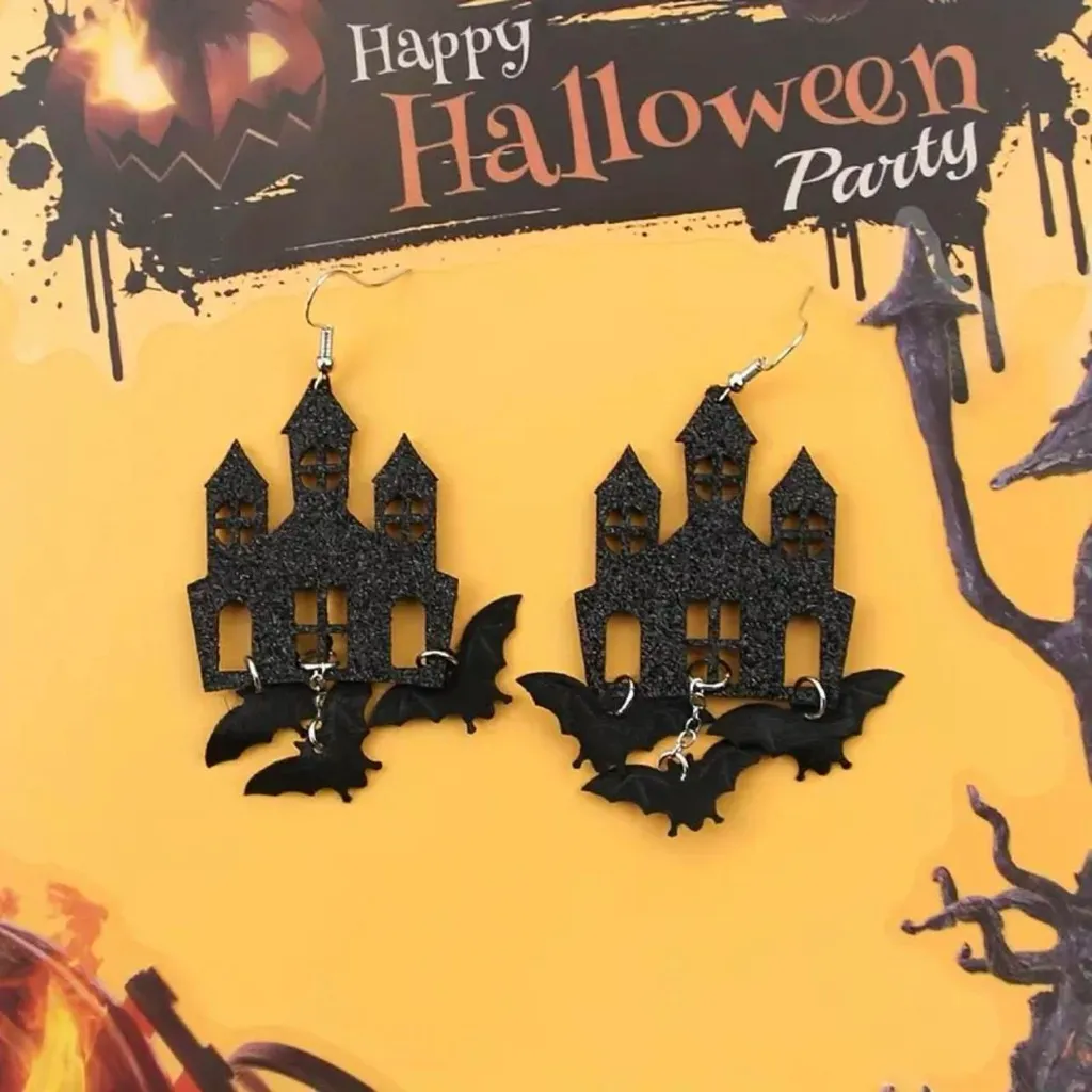 Black Gothic Halloween‎ Theme Acrylic Drop & Dangle Earrings Bat Haunted Castle - Image 7