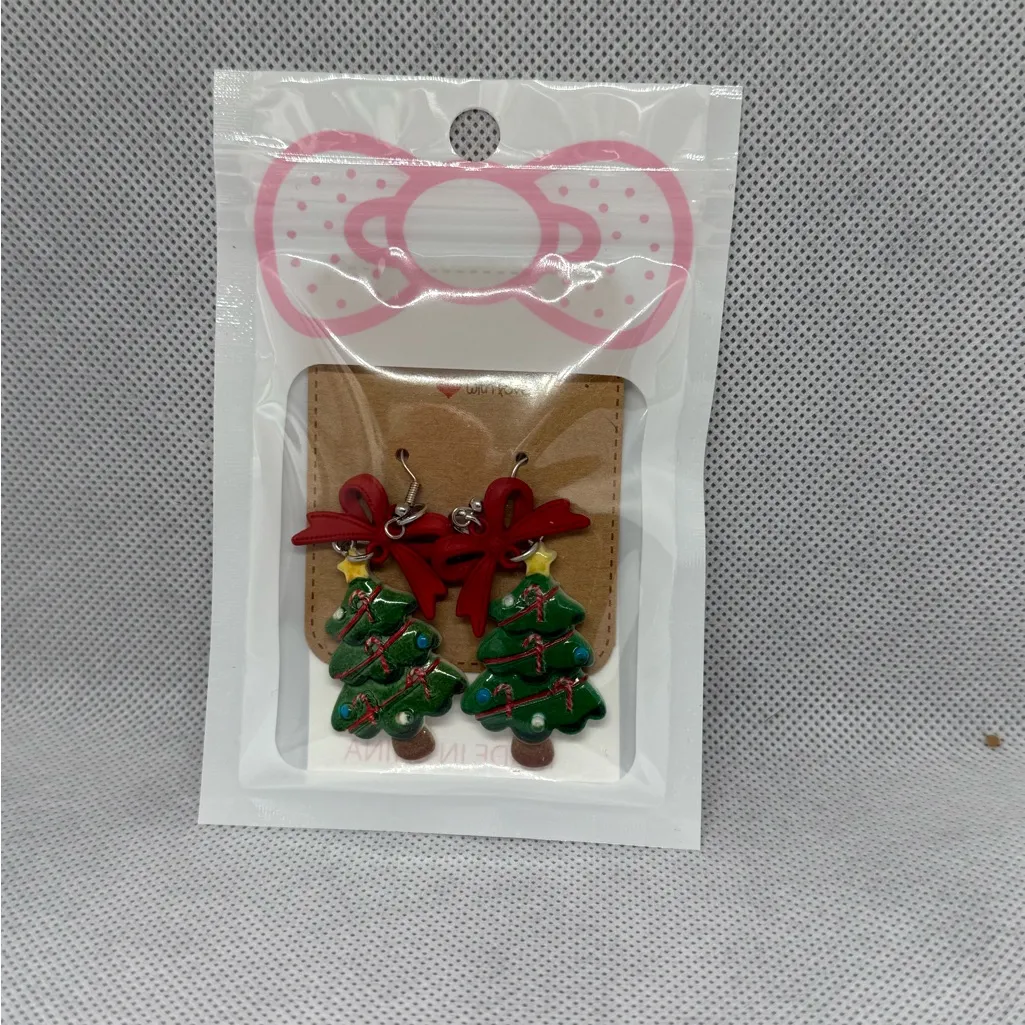 Handmade Red Bow Christmas Tree Earrings - Image 3