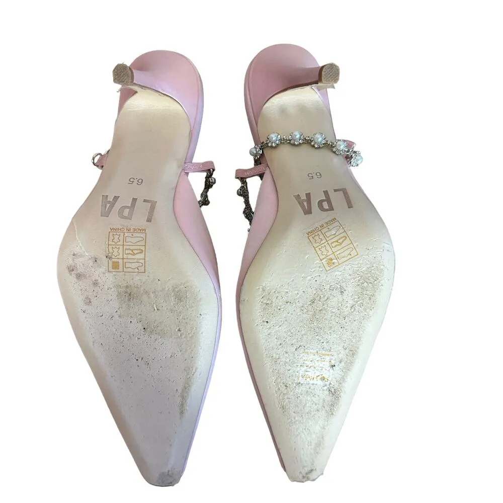 LPA‎ Pink Pearl Rhinestone Strap Pump Heel SIZE 6.5 Satin Formal Cocktail Luxury - Image 10
