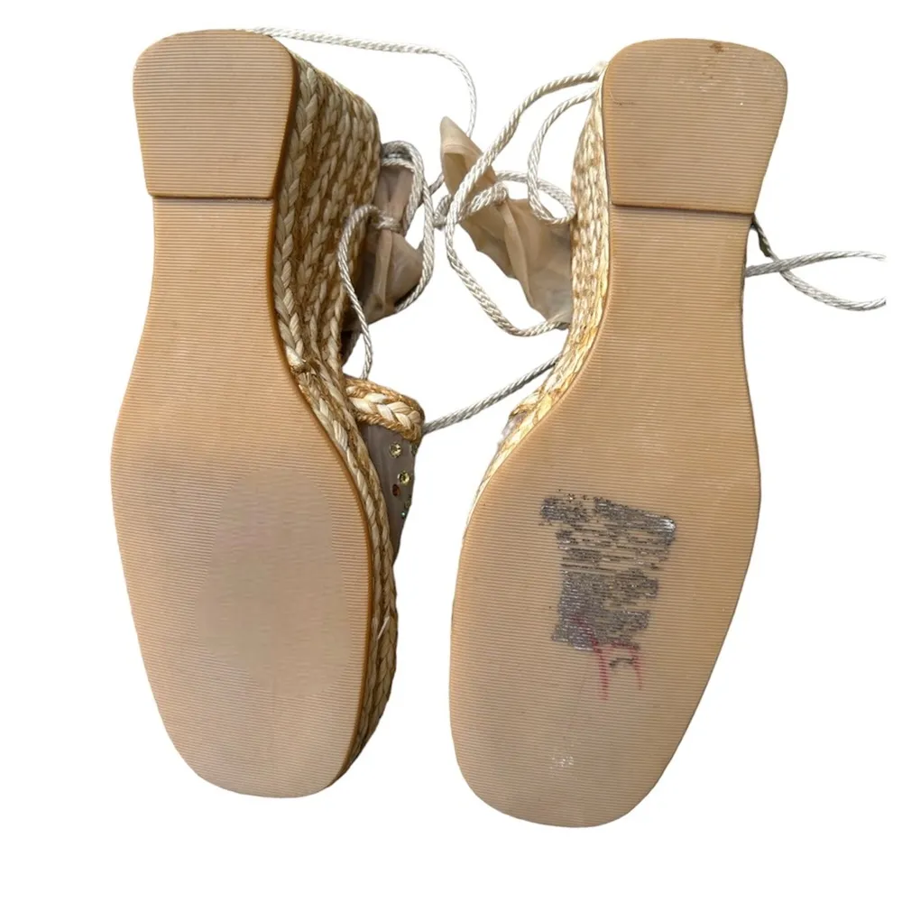 Y2K Stuart Weitzman sheer crystal embellished ankle tie espadrille wedges - Image 4