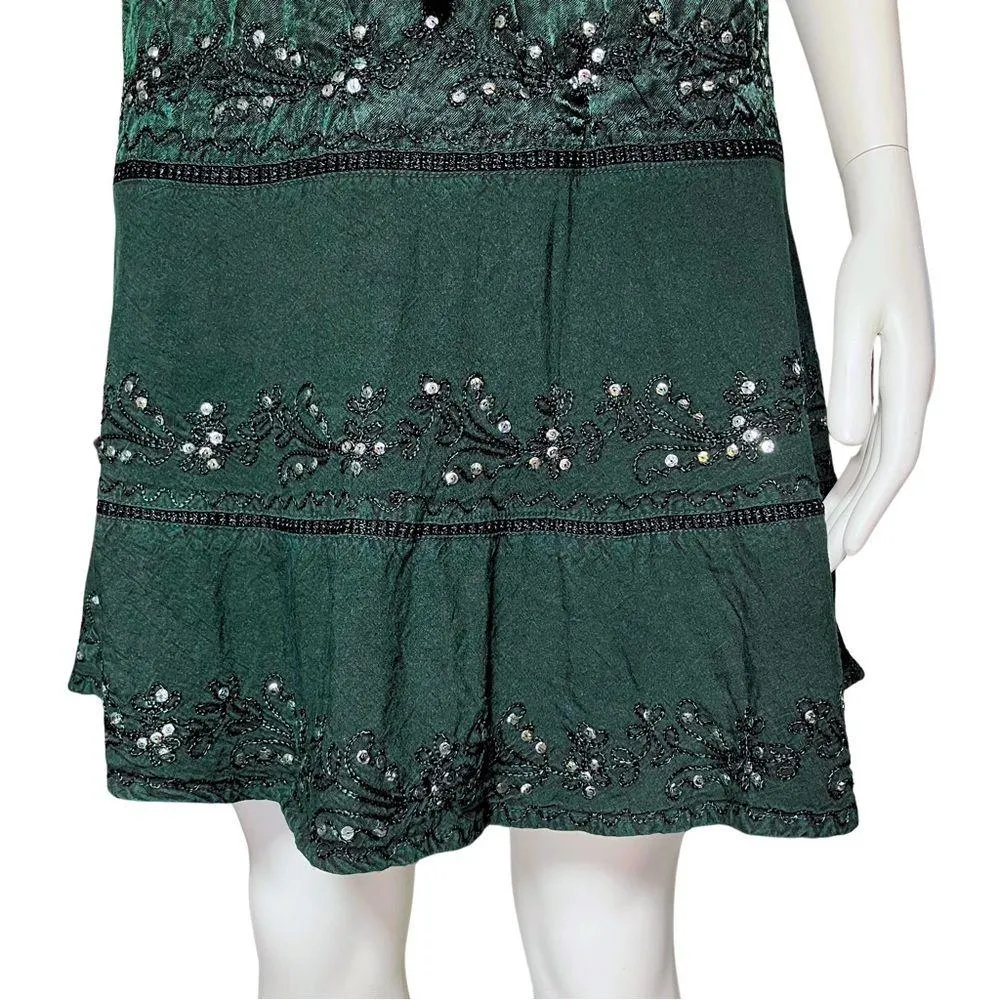 Vintage 90s Y2K Green Tiered Fairy Skirt Sequins M/L Whimsigoth Festival Boho Size L - Image 7