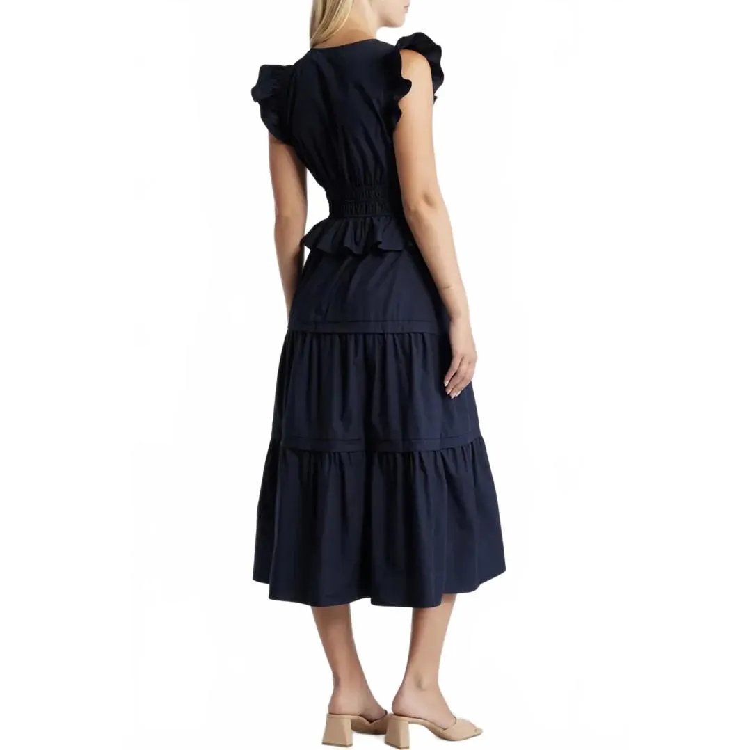 100% Cotton Flutter Sleeve Tiered Cotton Midi Dress Moon River NWT Navy Large - Image 4