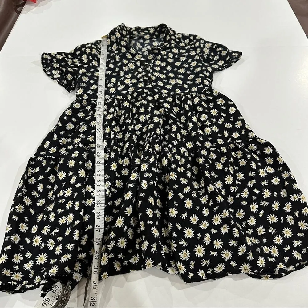 Zara Black & White Daisy Print Short Sleeve Baby Doll a Button Front Dress Sz XS - Image 7