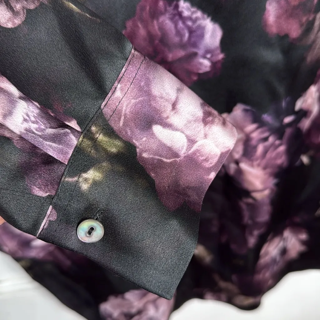 Vince Night Garden Lapel Collar Popover 100% Silk Rose Print Blouse W1782 Sz XS - Image 5