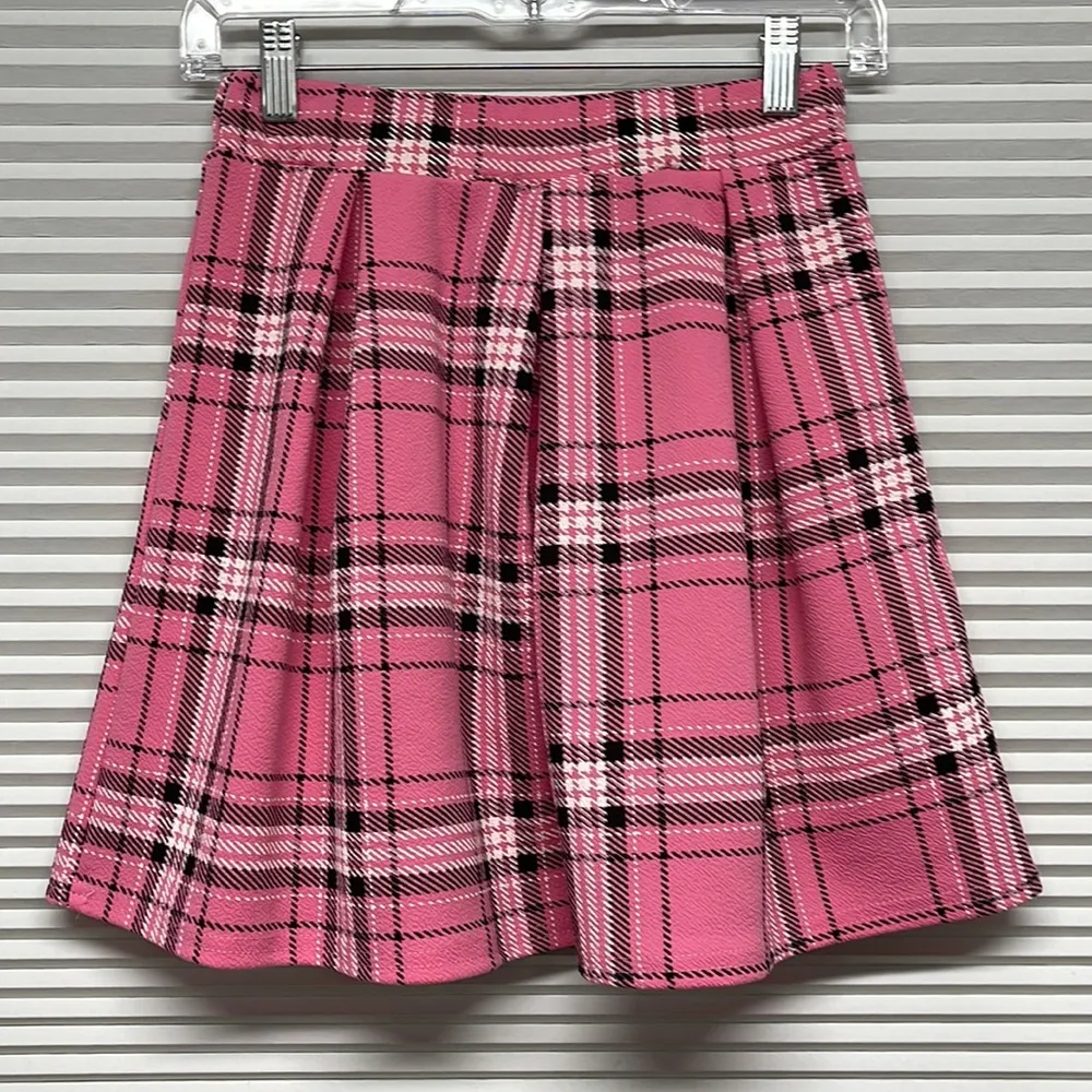 Boohoo NWT Pink Check Box Plaid Pleat Skater Mini Skirt Size 4 - Image 2