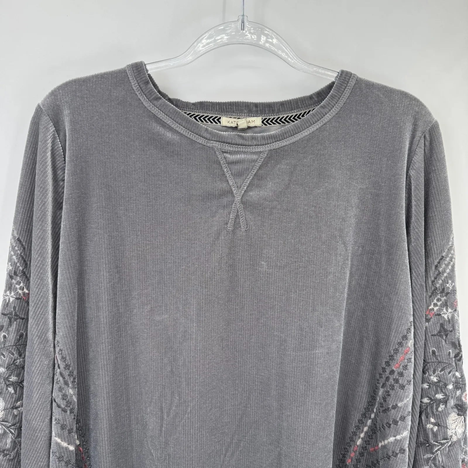 Anthropologie Kate & Sam Corduroy Embroidered Top Womens Large Gray Boho Hippie - Image 2