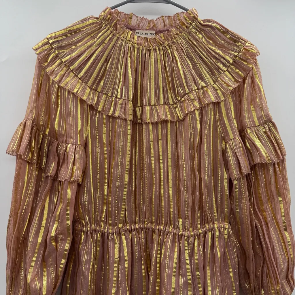 Ulla Johnson Averil Ruffled Georgette Long Sleeve Mini‎ Dress in Rose Multi Sz 2 - Image 4