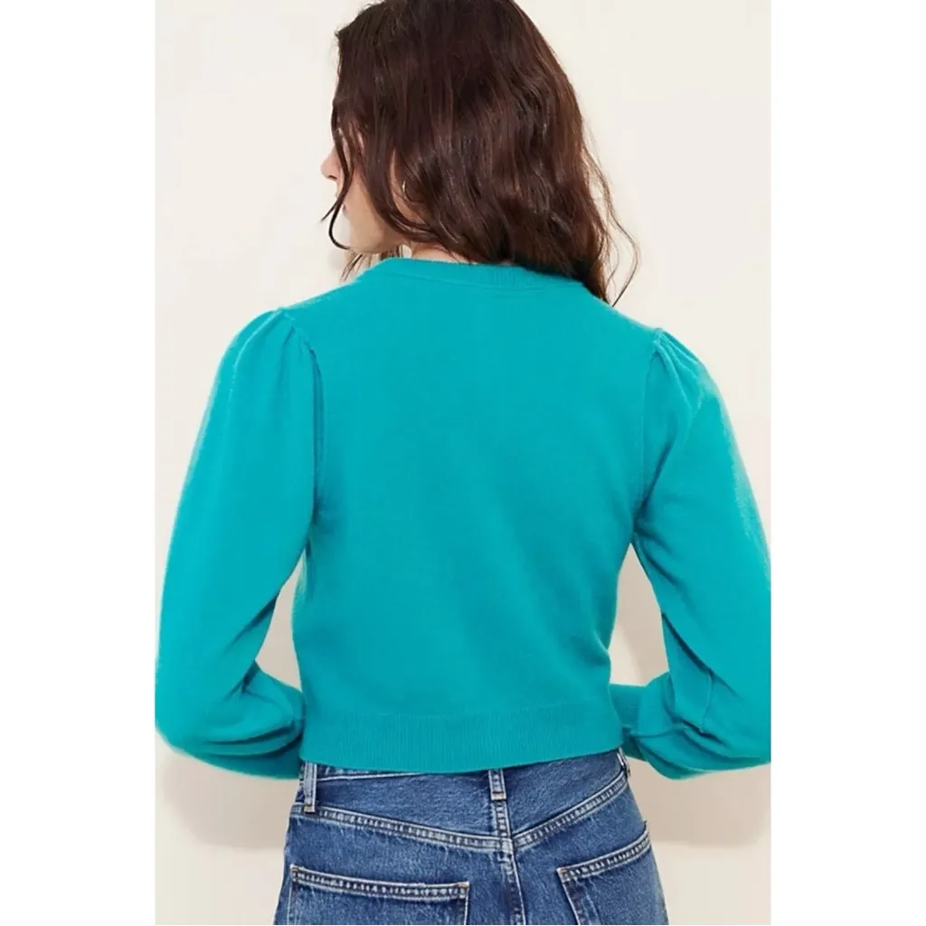 Free People Dainty Coquette Pearl Button Cashmere Cardigan Teal Blue Size Small - Image 3