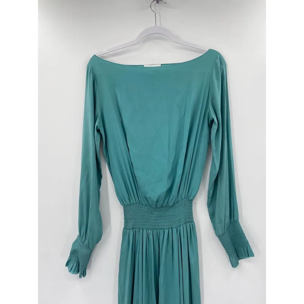 Alexie Clemence Dusty Aqua Blue Long Sleeve Smocked Silk Maxi Dress Size S - Image 3