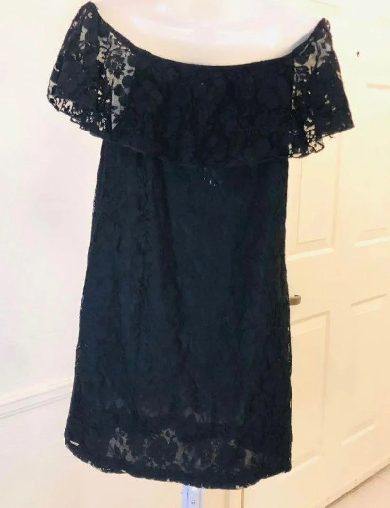 Black lace dress with a flared hem mesh lace overlay fully lined and off the shoulder design - Image 2