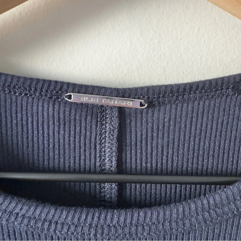 Elie Tahari Navy Midi Dress ribbed short sleeve Bodycon slit side solid casual S - Image 5