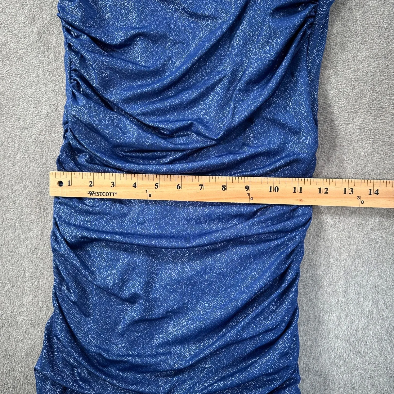 Lucy in the Sky One Shoulder Ruched Bodycon Mini Dress Size Medium Blue Sparkle - Image 3