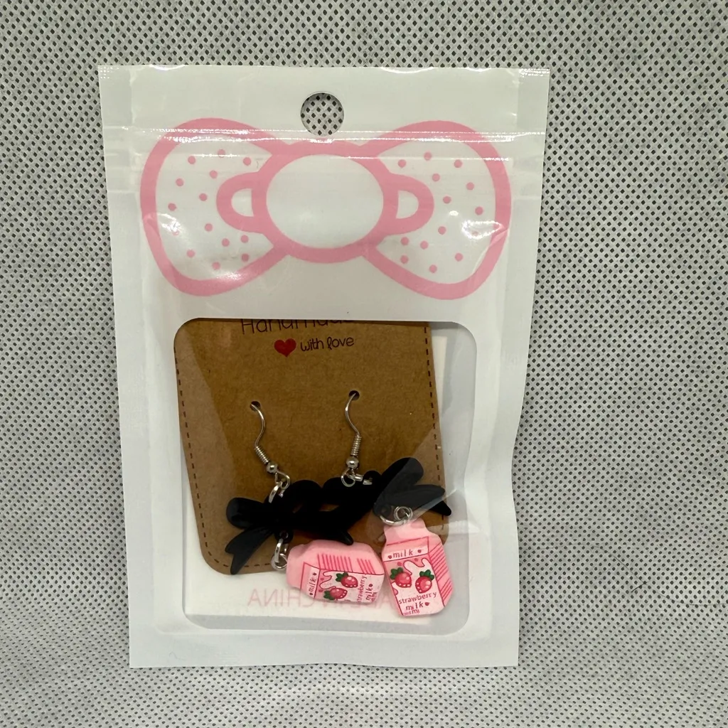 Handmade Black Bow and Strawberry Milk Earrings Pink - Image 4