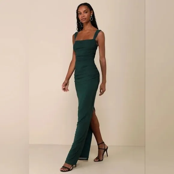 Lulus Amazing Presence Dark Green Mesh Ruched Column Maxi Dress Size XL - Image 12