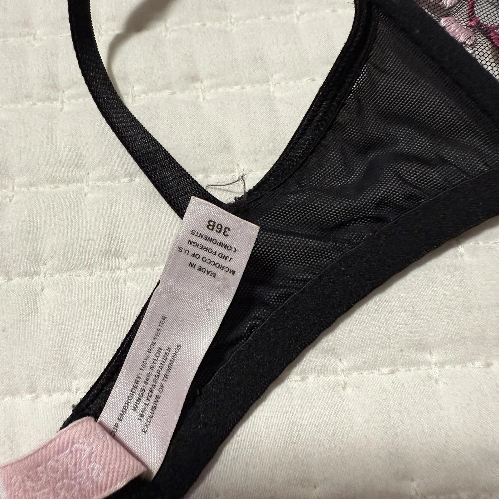 Victoria’s Secret Unlined Sheer  Bra 36B Black Pink Flower Embroidery Underwire - Image 4