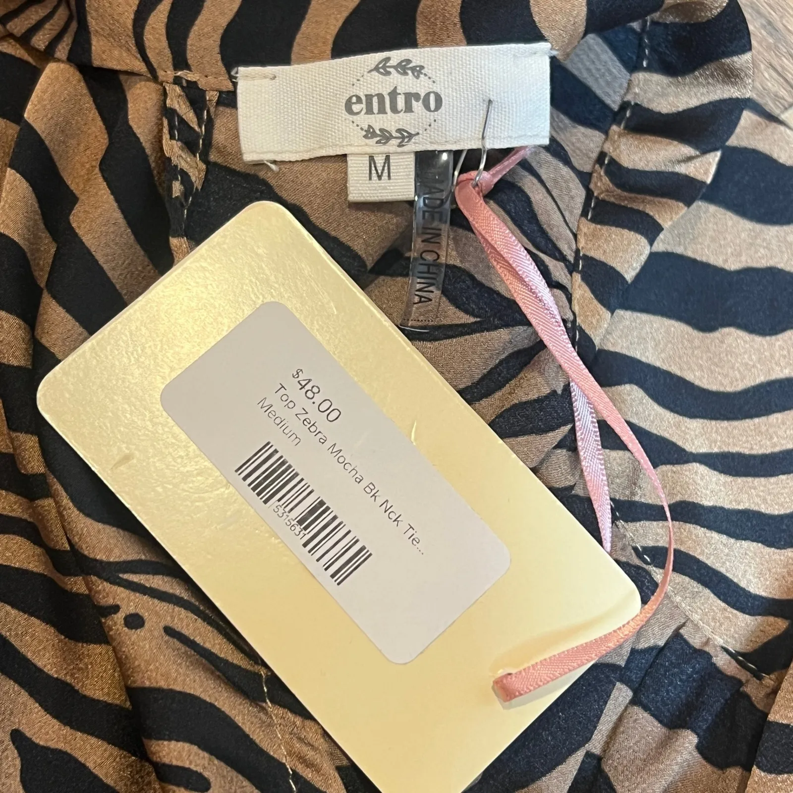 Entro Zebra Print Tie Neck Blouse Mocha Black Short Sleeve Medium - Image 6