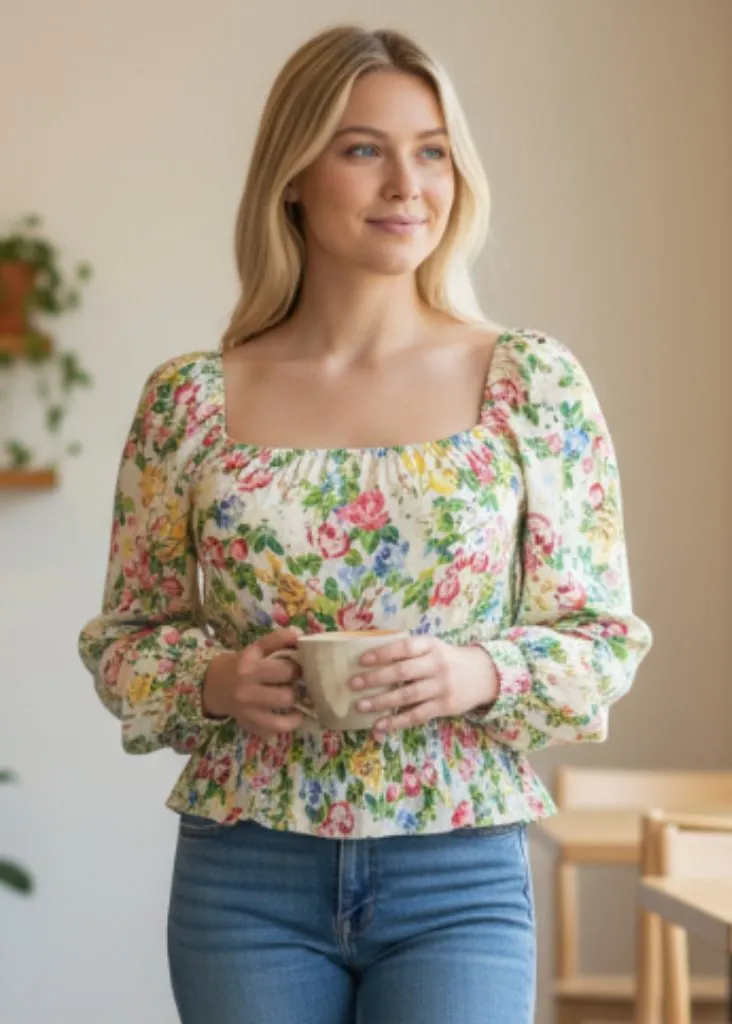 NWT AFRM X Nordstrom Soph Floral Long Sleeve Smocked Crop Top Green Size 1X - Image 2