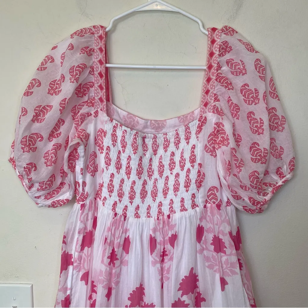 OLIPHANT Floral Block Print Puff Sleeve Midi Dress Jaipur Pink/White Small READ White - Image 12