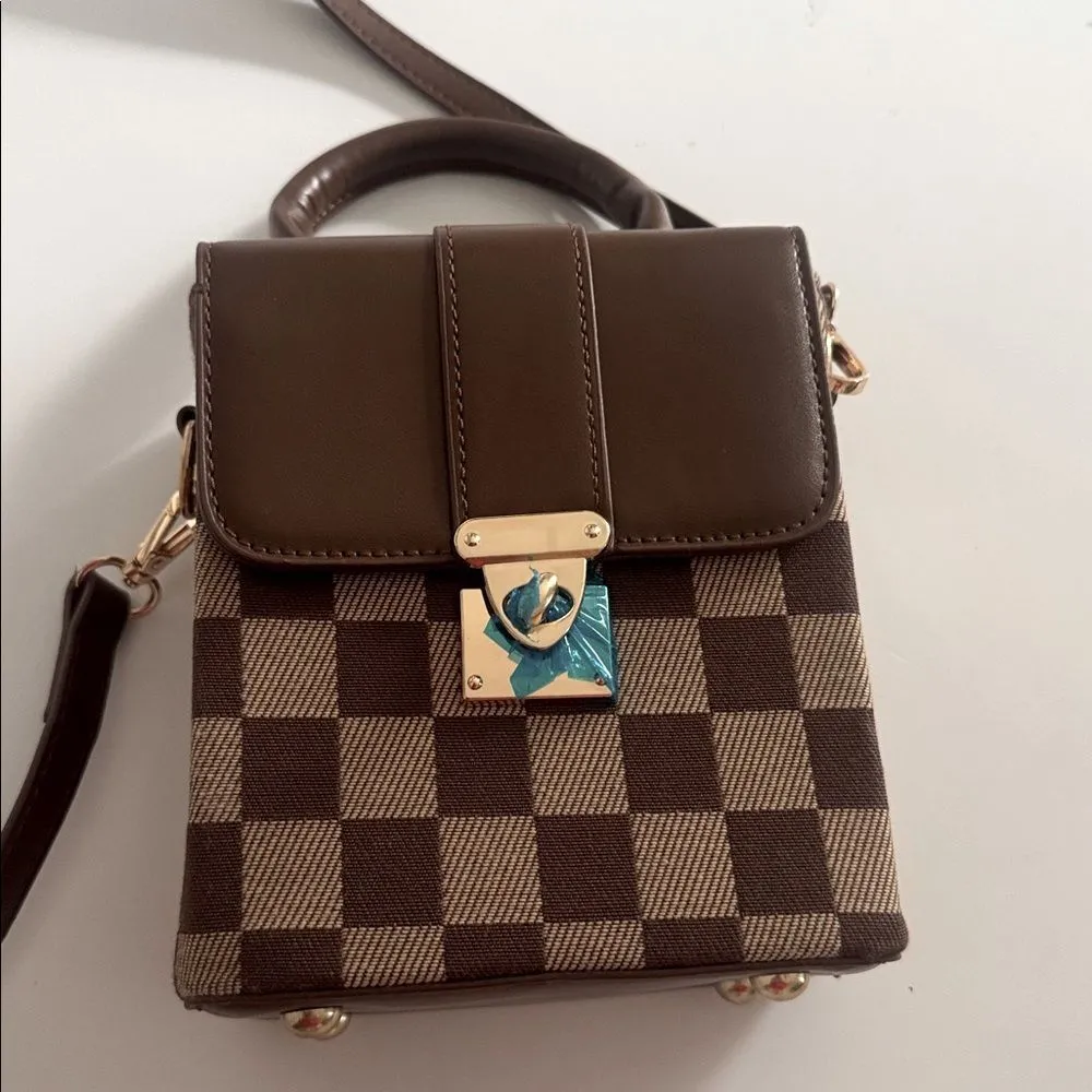 Elegant Brown Checkered Crossbody Bag NWT Brown - Image 2
