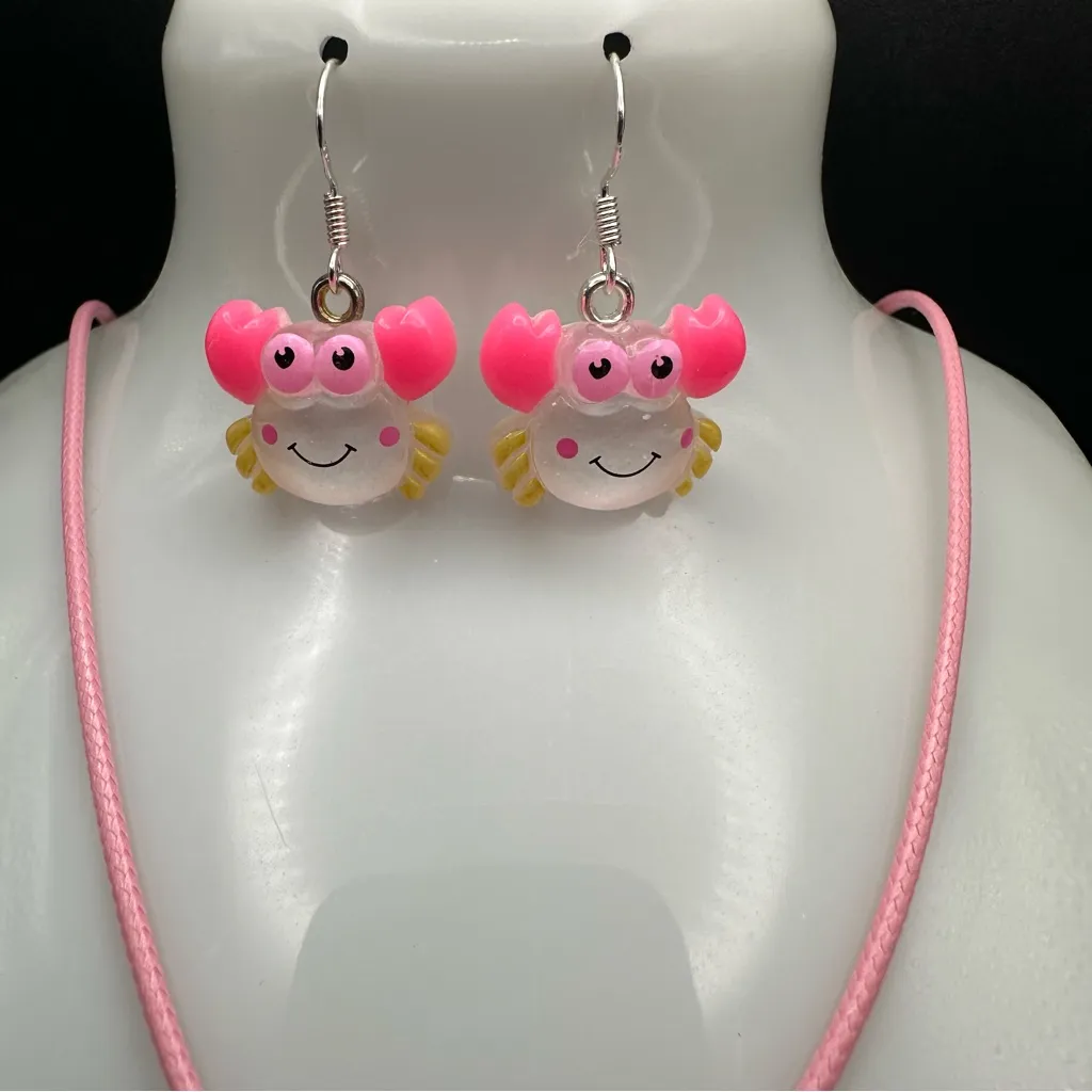 Pink White and Yellow Glitter Crab Necklace and Earring Jewelry Set - Image 2
