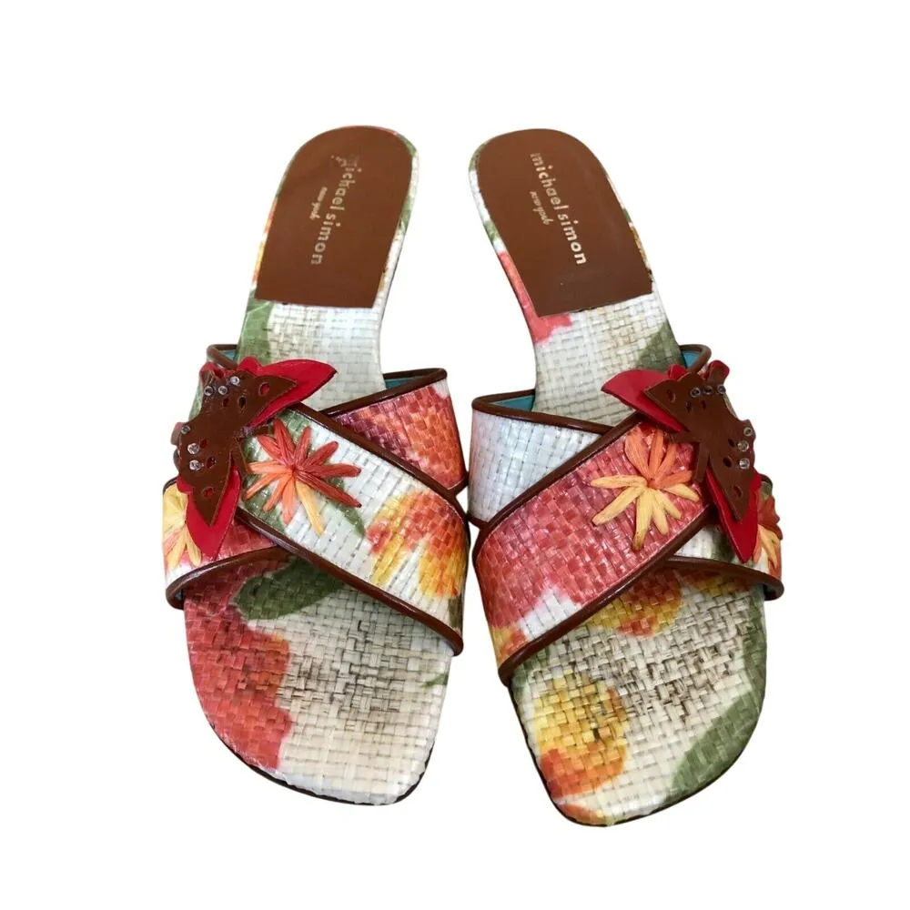 Michael Simon Shoe Slide Sandal Sz 7.5 Leather Textured Fabric Butterfly $150 Brown - Image 3