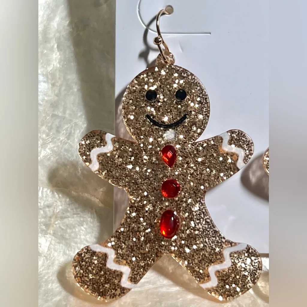Glitter Gingerbread Pendant Earrings with Red & Green Heart - Image 4