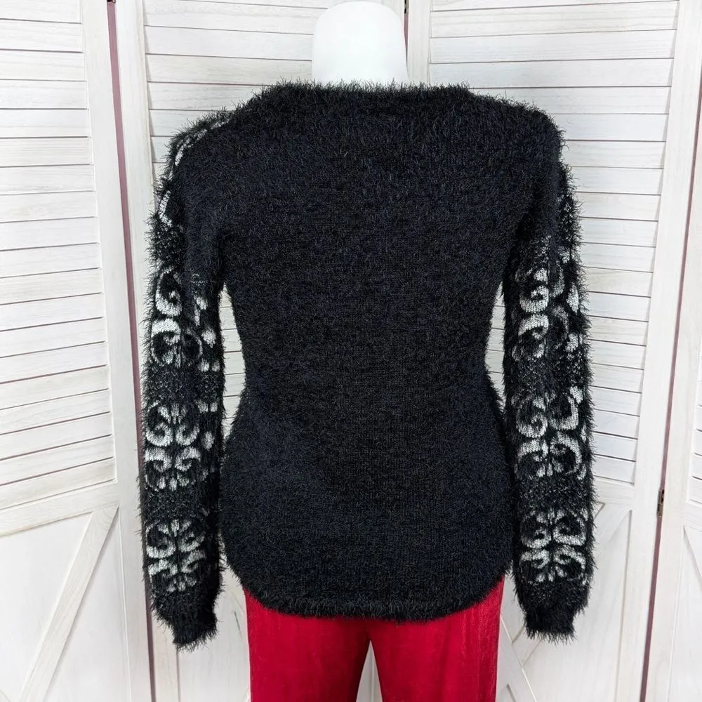 Celsius Premium Scroll Print Fuzzy Eyelash Knit Sweater Black XL - Image 4