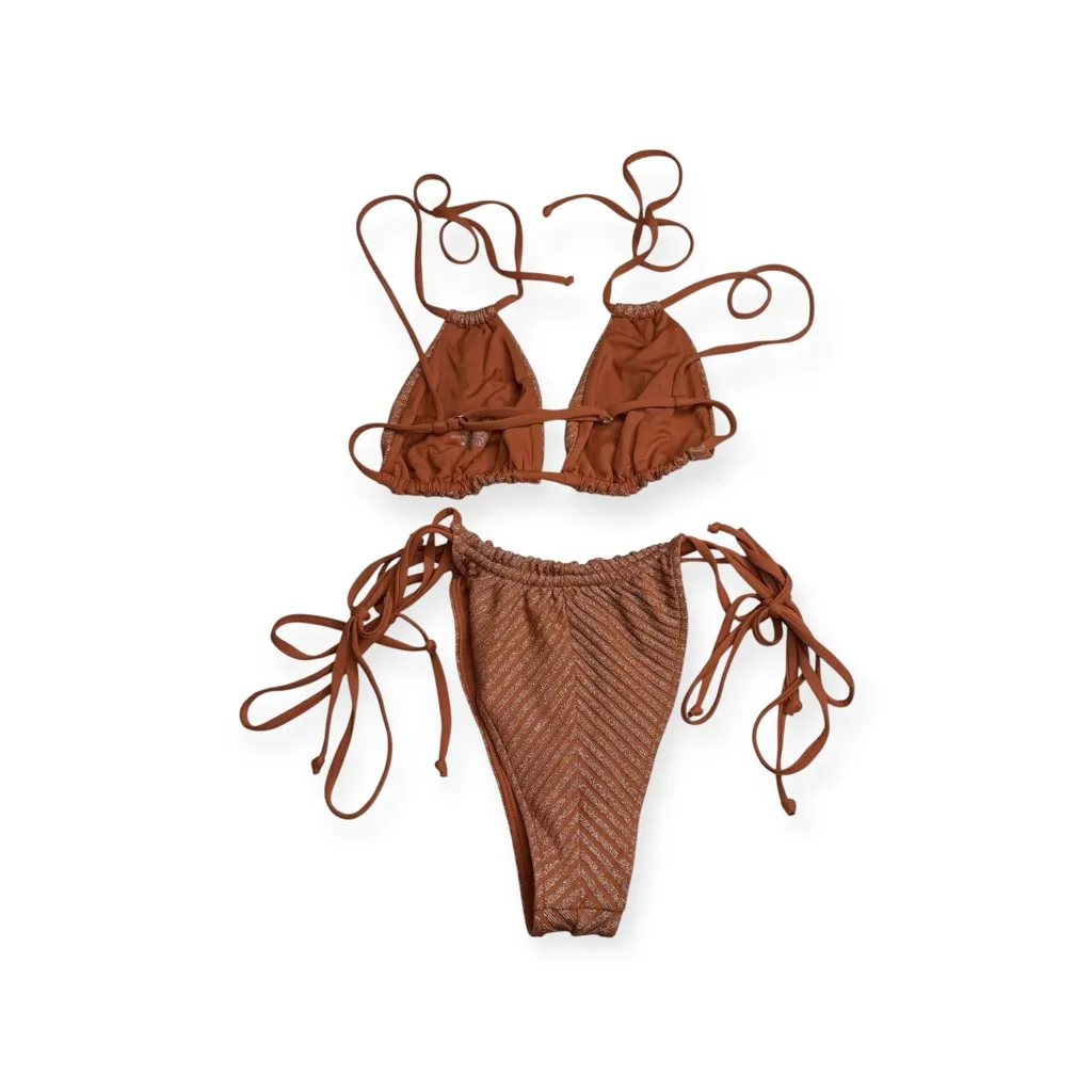 new JMP the Label ミ 2 Piece Skimpy String Bikini Set ミ Mocha Metallic Stripe ミ M Brown Size M - Image 9