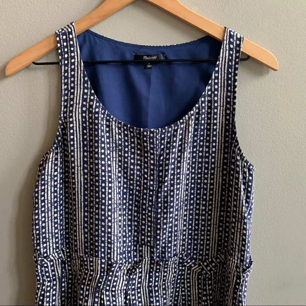 Madewell Blue Batik Striped Silk Ruffle Dress Size 0 Navy Polka Dot - Image 5