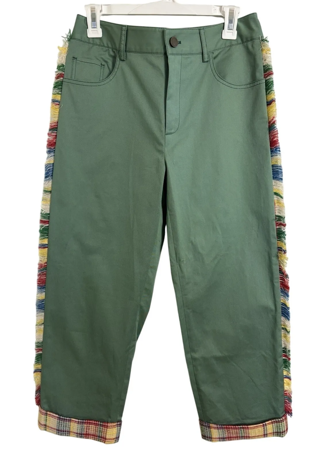 Monse Green Wide Leg High Rise Cropped Pants Size 2 Fringe Plaid Cuffed Abstract - Image 1