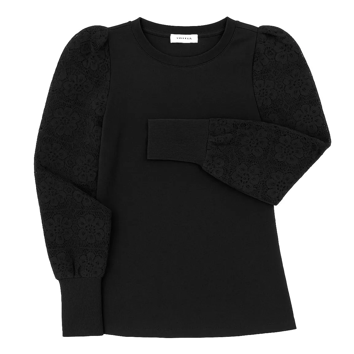 Evereve Shirt‎ Womens XS Black Puff Sleeve Lace Contrast Knit Top Pullover - Image 2