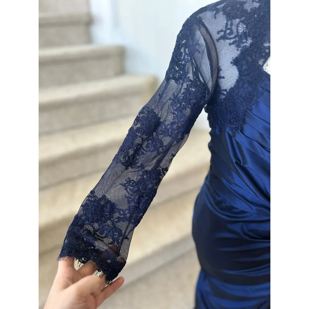 Tadashi Shoji Navy Draped Illusion Lace Sheath Gown - Image 2