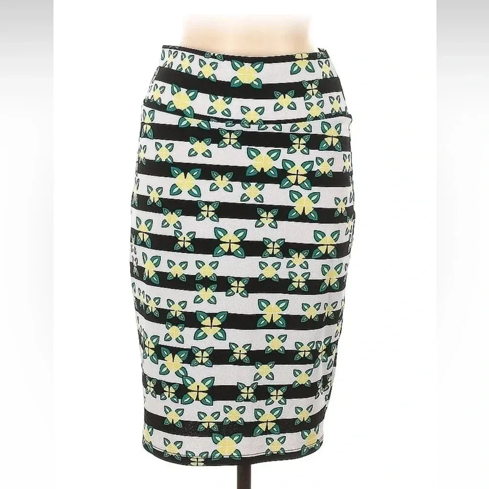 LuLaRoe | Black Stripe Yellow Floral Chic Cassie Pencil Skirt Size M Medium - Image 2